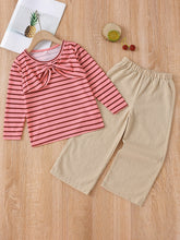 Load image into Gallery viewer, Girls Striped Bow Detail Top and Elastic Waist Wide Leg Pants Set
