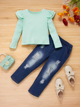Load image into Gallery viewer, Girls Ruffle Shoulder Top and Destroyed Jeans Set