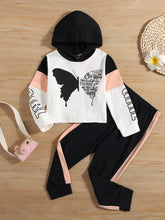 Load image into Gallery viewer, Girls Color Block Butterfly Graphic Hoodie and Side Stripe Pants Set