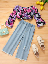 Load image into Gallery viewer, Girls Floral Flared Sleeve Crop Top and Wide Leg Jeans Set
