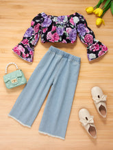 Load image into Gallery viewer, Girls Floral Flared Sleeve Crop Top and Wide Leg Jeans Set