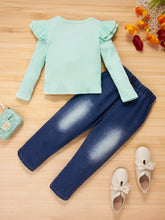 Load image into Gallery viewer, Girls Ruffle Shoulder Top and Destroyed Jeans Set