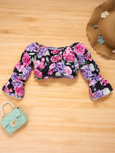 Load image into Gallery viewer, Girls Floral Flared Sleeve Crop Top and Wide Leg Jeans Set