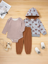 Load image into Gallery viewer, Girls Striped Onesie Solid Pants and Bear Hoodie Set