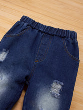 Load image into Gallery viewer, Girls Ruffle Shoulder Top and Destroyed Jeans Set