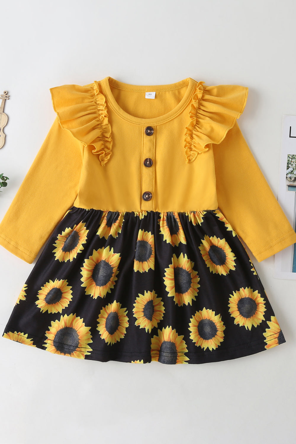 Girls Ruffle Shoulder Sunflower Pattern Dress