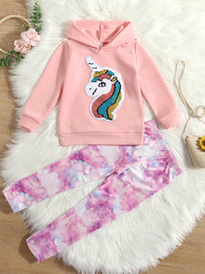 Girls Unicorn Applique Hoodie and Printed Pants Set