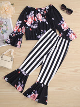 Load image into Gallery viewer, Girls Floral Top and Striped Bell Bottom Pants Set
