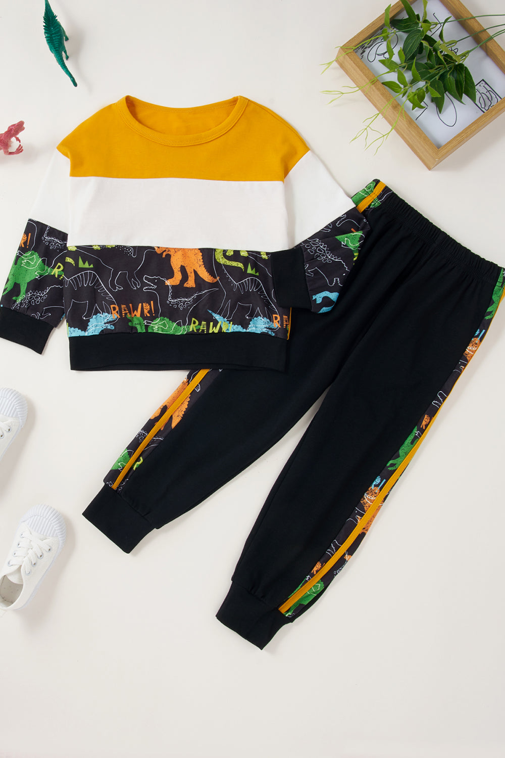 Boys Dinosaur Color Block Tee and Pants Set