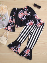 Load image into Gallery viewer, Girls Floral Top and Striped Bell Bottom Pants Set
