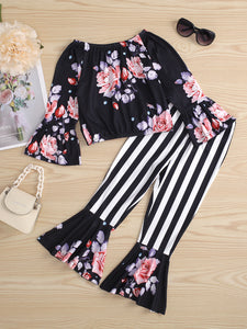 Girls Floral Top and Striped Bell Bottom Pants Set